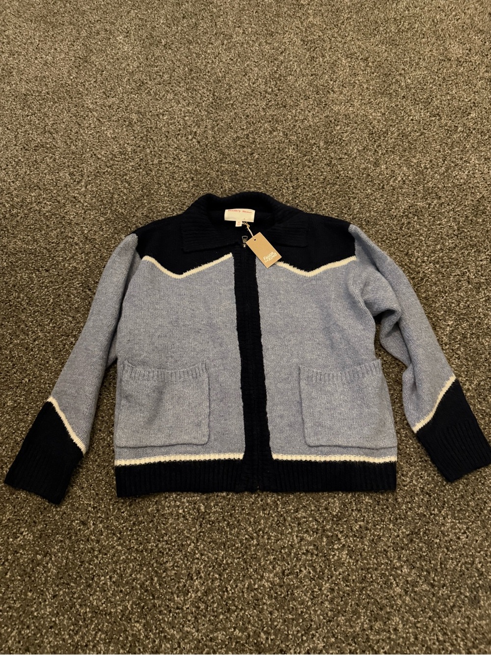 Collared Zip-Up Cardigan in Light Blue & Navy